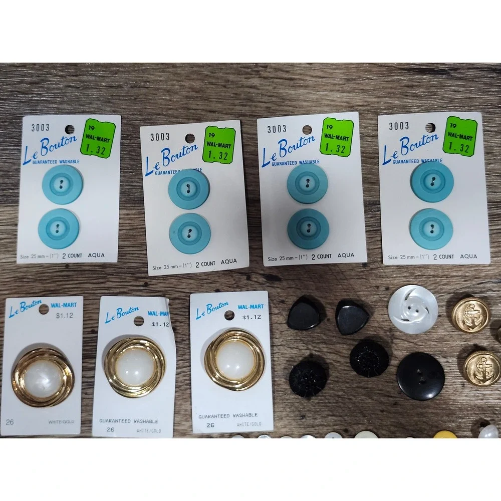 Vintage Le Bouton Sewing Button Lot Aqua Blue Gold White Mixed Assortment Spool